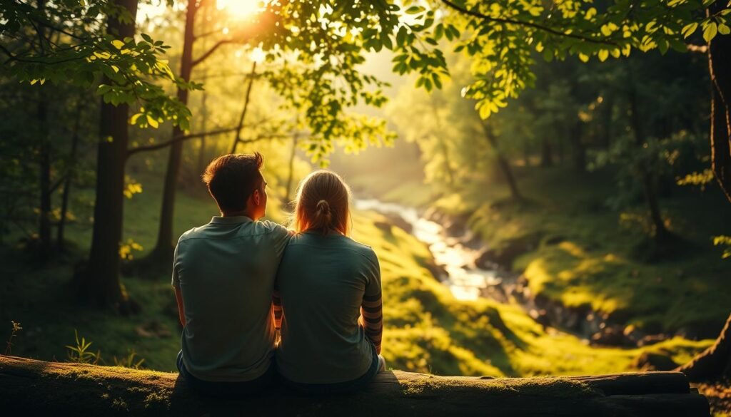 A serene, sun-dappled forest glade, where two friends sit side by side on a moss-covered log, their shoulders touching in a gesture of unwavering trust and camaraderie. The warm, golden light filters through the canopy of verdant leaves, casting a tranquil glow upon their faces as they gaze out at the lush, undulating landscape. Their expressions exude a profound sense of contentment and mutual understanding, reflecting the unshakable bond that unites them. In the distance, a shimmering creek winds its way through the scene, symbolizing the flowing, eternal nature of their true friendship. Uma clareira serena na floresta, salpicada pelo sol, onde dois amigos sentam-se lado a lado em um tronco coberto de musgo, seus ombros se tocando em um gesto de confiança e camaradagem inabaláveis. A luz quente e dourada filtra através do dossel de folhas verdes, lançando um brilho tranquilo em seus rostos enquanto observam a paisagem exuberante e ondulante. Suas expressões exalam um profundo sentimento de contentamento e compreensão mútua, refletindo o vínculo inquebrantável que os une. Ao longe, um riacho cintilante serpenteia pela cena, simbolizando a natureza fluida e eterna de sua verdadeira amizade.