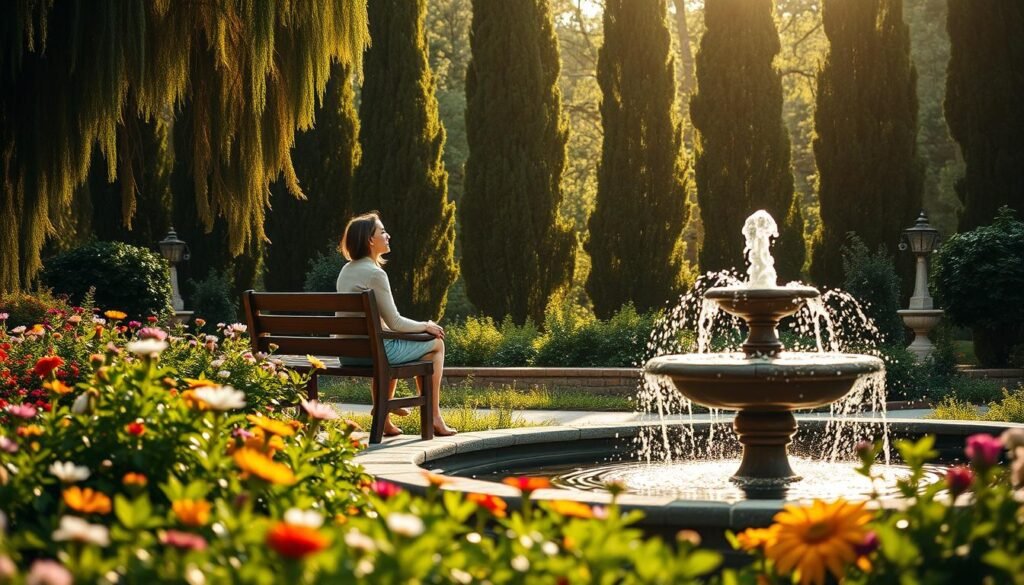 A serene, sun-dappled garden scene, with a central focus on two people seated on a wooden bench, holding hands and gazing at each other with warmth and appreciation. The foreground is lush with vibrant flowers and greenery, conveying a sense of growth and abundance. In the middle ground, a stone fountain gently bubbles, its calming sound and reflection adding to the tranquil atmosphere. The background features a row of tall, stately trees, their branches swaying gently in a soft breeze. The lighting is soft and golden, creating a sense of contentment and gratitude. The overall mood is one of deep connection, appreciation, and the nurturing power of relationships. Uma cena serena de jardim banhada pelo sol, com foco central em duas pessoas sentadas em um banco de madeira, de mãos dadas, olhando uma para a outra com carinho e apreço. O primeiro plano é exuberante com flores vibrantes e vegetação, transmitindo uma sensação de crescimento e abundância. No meio, uma fonte de pedra borbulha suavemente, seu som e reflexo calmantes contribuem para a atmosfera tranquila. O fundo apresenta uma fileira de árvores altas e imponentes, seus galhos balançando suavemente ao sabor da brisa suave. A iluminação é suave e dourada, criando uma sensação de contentamento e gratidão. O clima geral é de profunda conexão, apreço e do poder nutritivo dos relacionamentos.
