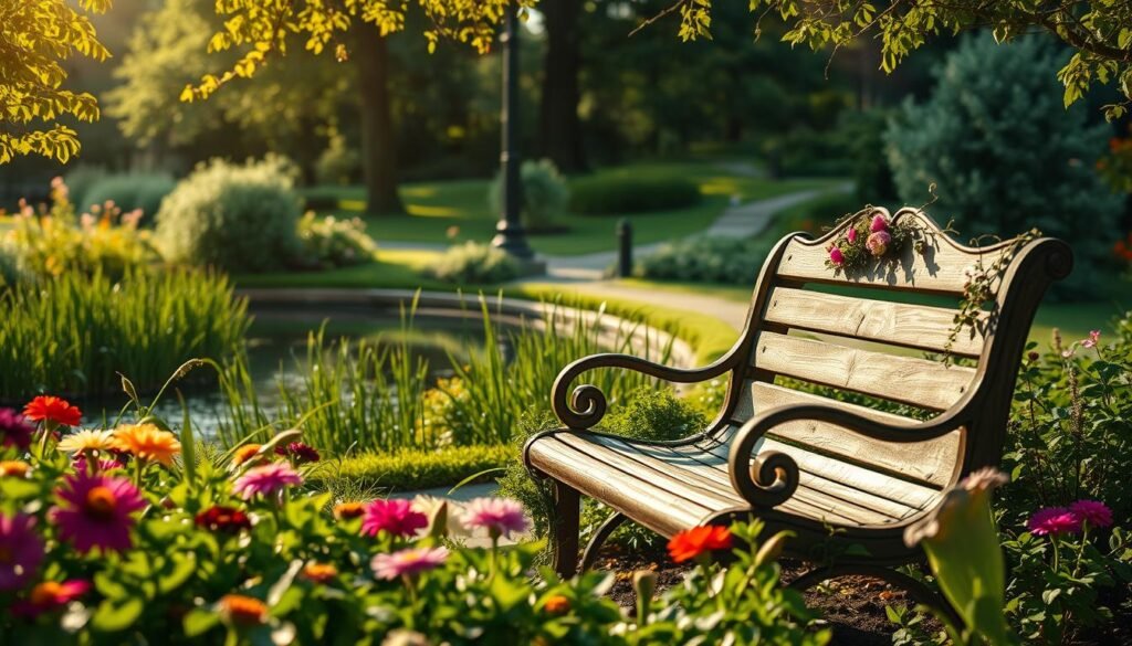 Um cenário sereno de jardim, banhado pelo sol, com vegetação exuberante e flores vibrantes em primeiro plano. No meio, um banco de madeira envelhecido adornado com cipós e flores, convidando o espectador a sentar e refletir. Ao fundo, um lago tranquilo com uma pequena ponte levando a um caminho que serpenteia entre as árvores. A luz difusa e quente projeta um brilho suave, criando uma sensação de paz e gratidão. A atmosfera geral evoca uma sensação de sincera apreciação e calma interior.