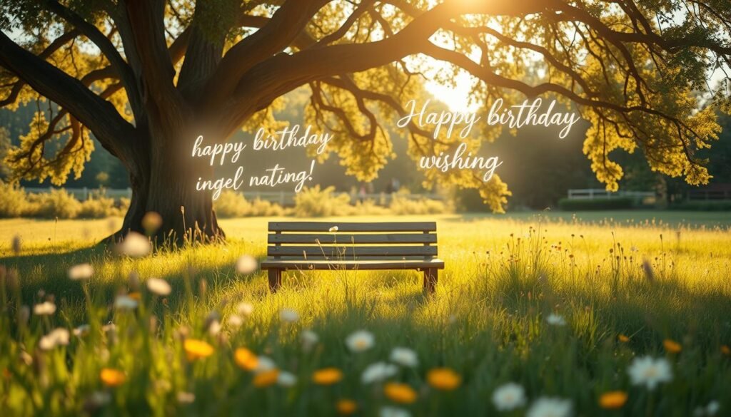 A serene, sun-dappled meadow with swaying wildflowers in the foreground. In the middle ground, a weathered wooden bench rests beneath a majestic oak tree, its branches casting delicate shadows. Floating in the air, luminous messages conveying heartfelt birthday wishes drift gently, their calligraphic forms reflecting the poetic, emotive nature of the scene. The overall atmosphere is one of tranquility, inspiration, and the warmth of cherished moments. A soft, golden light suffuses the entire composition, evoking a sense of timelessness and personal reflection. Festa: Mensagens Felizes para seu Aniversário.