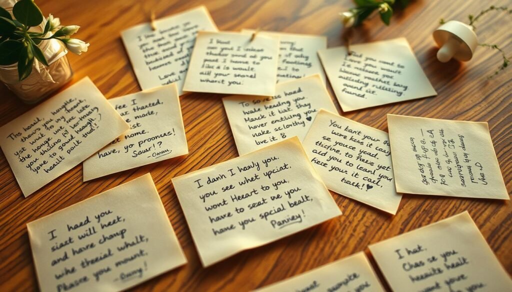 A soft, warm-toned image of handwritten messages on delicate paper, scattered across a wooden table. The messages convey heartfelt expressions of love, gratitude, and affection for a special moment. The lighting is gentle, creating a cozy, intimate atmosphere. The camera angle is slightly elevated, capturing the scene from above, allowing the viewer to feel immersed in the moment. The background is blurred, with hints of natural elements like greenery or flowers, creating a serene and inviting environment. The overall composition and color palette evoke a sense of comfort, tenderness, and the cherished nature of the occasion.