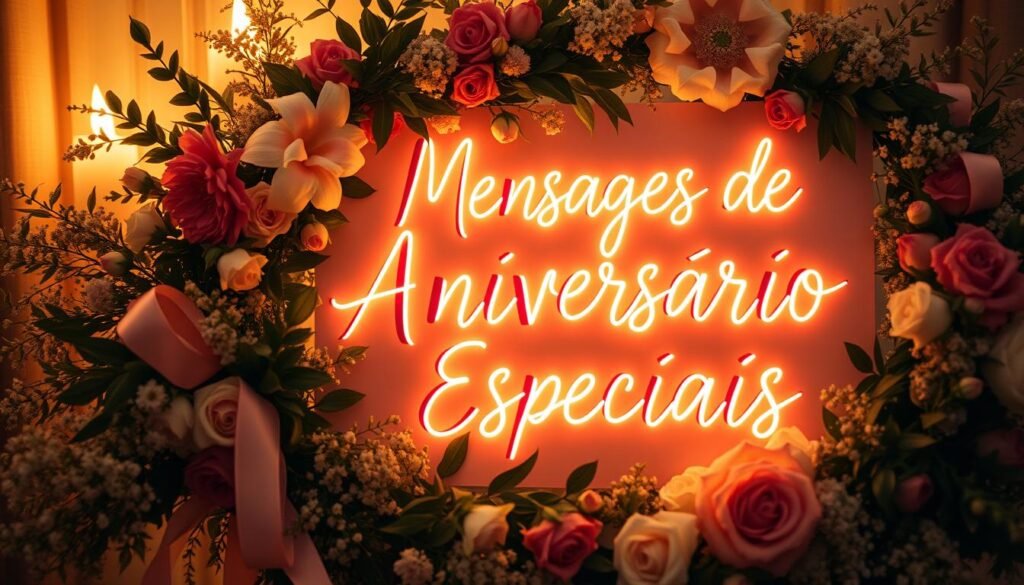 A vibrant, hand-lettered "Mensagens de Aniversário Especiais" sign in a warm, golden light, surrounded by a lush, natural arrangement of flowers, greenery, and delicate ribbons. The composition is balanced and visually striking, with a focus on elegance and celebration. The lighting is soft and diffused, creating a cozy, intimate atmosphere. The overall feel is one of heartfelt, personalized birthday wishes, conveying a sense of genuine care and attention to detail. Uma placa vibrante com "Mensagens de Aniversário Especiais" escrita à mão, sob uma luz quente e dourada, cercada por um arranjo exuberante e natural de flores, folhagens e fitas delicadas. A composição é equilibrada e visualmente marcante, com foco na elegância e na celebração. A iluminação é suave e difusa, criando uma atmosfera aconchegante e intimista. A atmosfera geral é de votos de aniversário sinceros e personalizados, transmitindo uma sensação de cuidado genuíno e atenção aos detalhes.