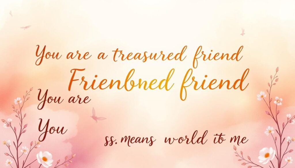 A vibrant, hand-lettered illustration showcasing messages of friendship appreciation. In the foreground, cursive script in warm hues flows across the frame, conveying heartfelt sentiments like "You are a treasured friend" and "Your kindness means the world to me." In the middle ground, delicate floral accents in soft pastels frame the text, evoking a sense of natural beauty and care. The background features a hazy, watercolor-inspired gradient, blending tones of peach, lavender, and gold to create a dreamy, elegant atmosphere. Soft, diffused lighting from above casts a gentle glow, heightening the overall sense of positivity and warmth. The composition is balanced and visually striking, perfectly capturing the theme of appreciating the value of friendship. Uma ilustração vibrante, escrita à mão, que apresenta mensagens de agradecimento pela amizade. Em primeiro plano, uma letra cursiva em tons quentes flui pela moldura, transmitindo sentimentos sinceros como "Você é um amigo precioso" e "Sua gentileza significa o mundo para mim". No plano central, delicados detalhes florais em tons pastéis suaves emolduram o texto, evocando uma sensação de beleza natural e cuidado. O fundo apresenta um degradê nebuloso, inspirado em aquarela, que mescla tons de pêssego, lavanda e dourado para criar uma atmosfera sonhadora e elegante. A iluminação suave e difusa vinda de cima projeta um brilho suave, intensificando a sensação geral de positividade e aconchego. A composição é equilibrada e visualmente marcante, capturando perfeitamente o tema da valorização da amizade.