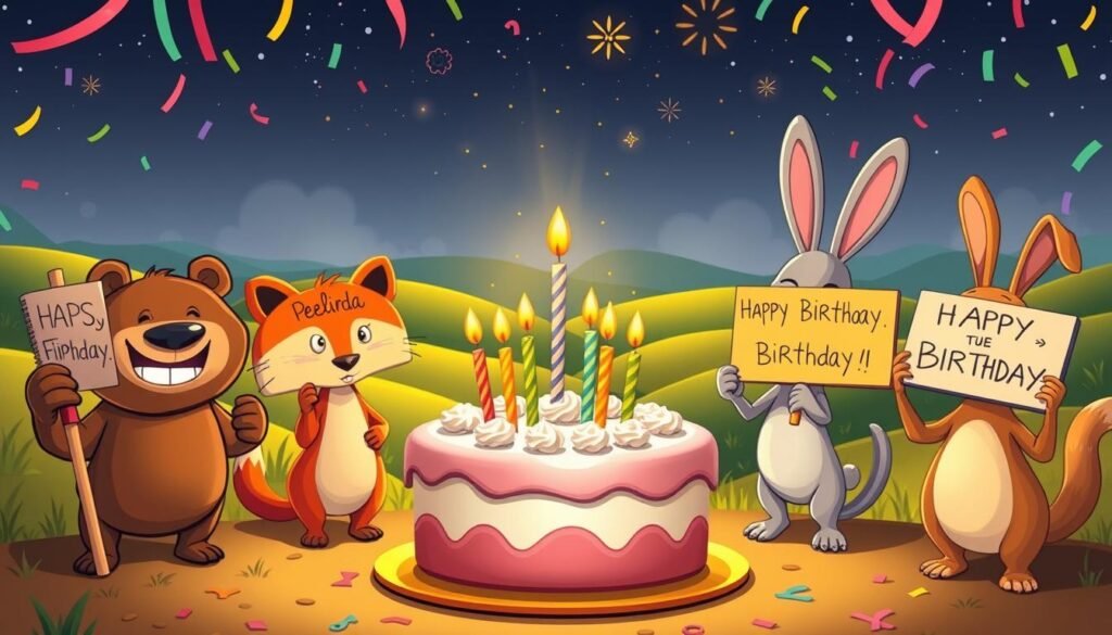 Uma cena de aniversário excêntrica e bem-humorada, ambientada em um estilo vibrante e cartunesco. Em primeiro plano, um grupo de animais peculiares e antropomórficos – um urso sorridente, uma raposa astuta e um coelho travesso – seguram placas coloridas de aniversário escritas à mão com mensagens espirituosas e despreocupadas. No centro, um bolo de aniversário divertido e estilizado, adornado com velas e glacê que parece dançar com energia. Ao fundo, uma paisagem animada e alegre com colinas ondulantes, um céu estrelado e confetes explosivos criam uma atmosfera festiva e comemorativa. O clima geral é de celebração alegre e bem-humorada, capturando perfeitamente o espírito de "Frases Divertidas e Mensagens Bem-humoradas".