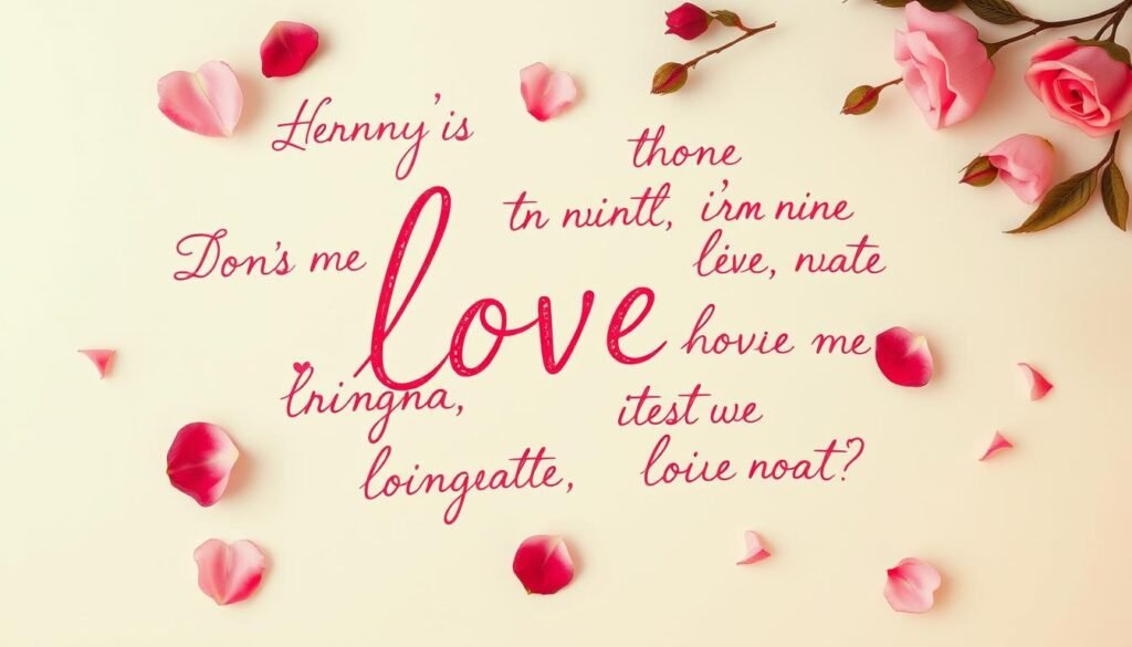 Intimate handwritten calligraphic love phrases float gracefully across a soft, pastel-hued background. The words are rendered with an elegant, cursive script in shades of pink, red, and lavender, conveying a sense of heartfelt affection and tenderness. Delicate floral elements, such as rose petals and leaves, gently frame the composition, adding a romantic, dreamy quality. Warm, diffused lighting casts a gentle glow, creating an atmosphere of warmth and intimacy. The overall scene evokes a sense of care, fondness, and the heartwarming expression of cherished emotions.