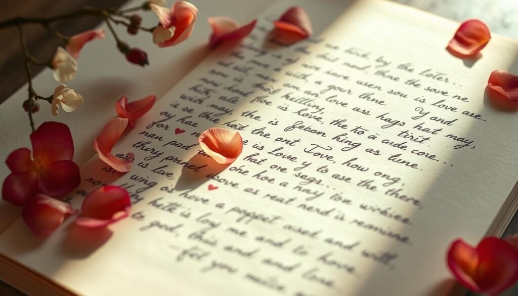 Romantic handwritten expressions of love cascade across the page in an elegant, cursive script. The words flow organically, like ink stains blooming across fine parchment. Soft lighting bathes the scene, casting a warm, intimate glow. Delicate flower petals, perhaps rose or jasmine, drift down gently, framing the heartfelt declarations. The overall mood is one of deep emotional connection, passion, and tender vulnerability. Captured through a slightly soft-focus lens, the image evokes the beauty and vulnerability of pouring one's heart out on paper. Romantic handwritten expressions of love cascade across the page in an elegant, cursive script. The words flow organically, like ink stains blooming across fine parchment. Soft lighting bathes the scene, casting a warm, intimate glow. Delicate flower petals, perhaps rose or jasmine, drift down gently, framing the heartfelt declarations. The overall mood is one of deep emotional connection, passion, and tender vulnerability. Captured through a slightly soft-focus lens, the image evokes the beauty and vulnerability of pouring one's heart out on paper.