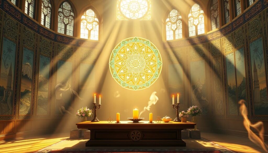 Tranquil morning light filters through stained glass windows, casting a warm, reverent glow upon a serene meditation space. In the center, a glowing mandala of intricate spiritual symbols hovers above a polished wooden altar, adorned with candles, flowers, and symbols of faith. Surrounding the altar, ethereal wisps of incense create an atmosphere of contemplation and divine connection. The walls are adorned with tapestries depicting celestial landscapes and ancient sacred geometries, inviting the viewer to experience a profound sense of spiritual awakening and inner peace. Tranquil morning light filters through stained glass windows, casting a warm, reverent glow upon a serene meditation space. In the center, a glowing mandala of intricate spiritual symbols hovers above a polished wooden altar, adorned with candles, flowers, and symbols of faith. Surrounding the altar, ethereal wisps of incense create an atmosphere of contemplation and divine connection. The walls are adorned with tapestries depicting celestial landscapes and ancient sacred geometries, inviting the viewer to experience a profound sense of spiritual awakening and inner peace.