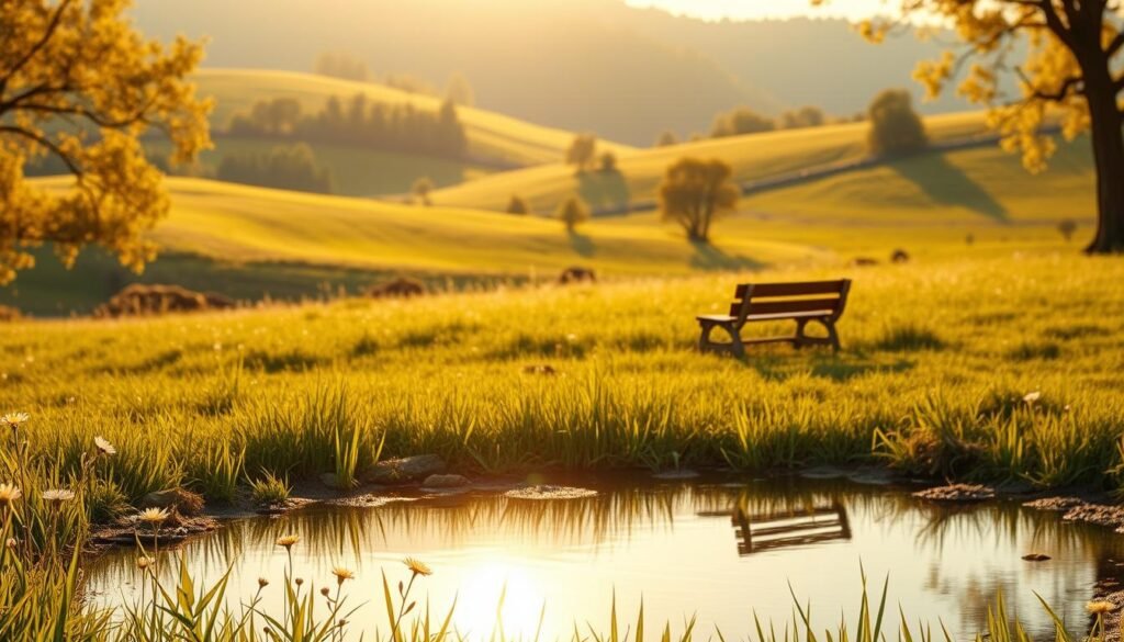 Vibrant morning scene of a peaceful meadow bathed in warm, golden sunlight. In the foreground, a serene pond reflects the tranquil surroundings, with delicate wildflowers blooming at its edge. In the middle ground, a wooden bench invites contemplation, surrounded by lush, verdant grass. In the background, rolling hills dotted with trees create a sense of depth and pastoral beauty. The atmosphere exudes a feeling of gratitude and inspiration, inviting the viewer to pause and appreciate the beauty of the present moment. Vibrant morning scene of a peaceful meadow bathed in warm, golden sunlight. In the foreground, a serene pond reflects the tranquil surroundings, with delicate wildflowers blooming at its edge. In the middle ground, a wooden bench invites contemplation, surrounded by lush, verdant grass. In the background, rolling hills dotted with trees create a sense of depth and pastoral beauty. The atmosphere exudes a feeling of gratitude and inspiration, inviting the viewer to pause and appreciate the beauty of the present moment.