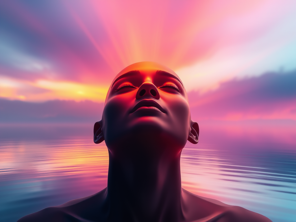 Uma figura humana com expressão serena em meio a um cenário de pôr do sol colorido, refletindo serenidade e autoconhecimento.