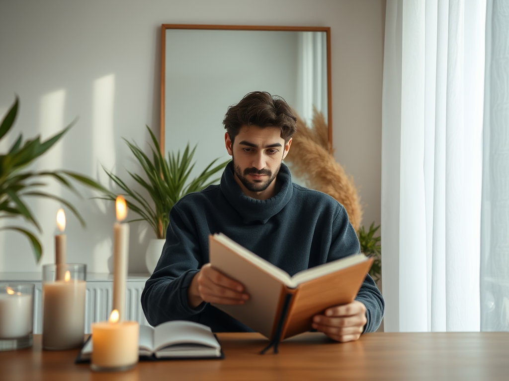 Homem sentado à mesa lendo um livro em um ambiente iluminado, com velas acesas e plantas ao fundo.