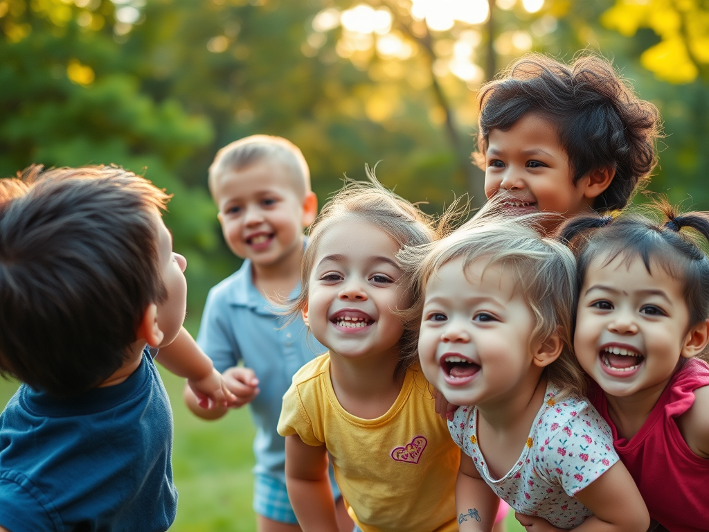 Grupo de crianças sorridentes brincando juntas ao ar livre em um dia ensolarado.