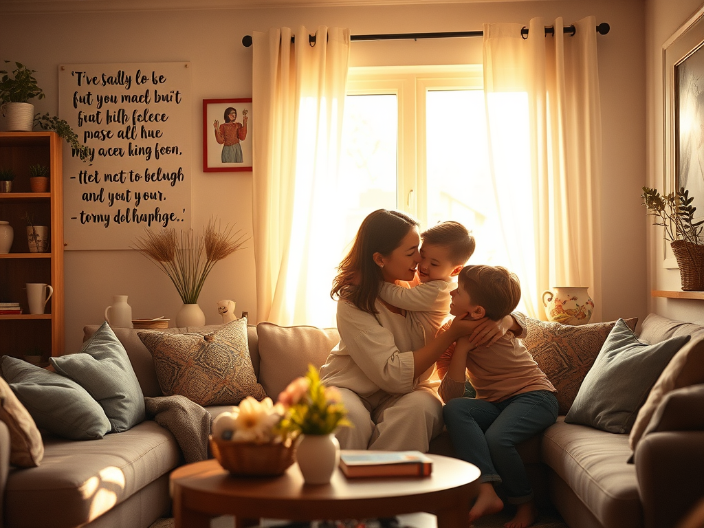 Uma mãe abraça seus filhos carinhosamente em uma sala iluminada, transmitindo amor e união familiar.