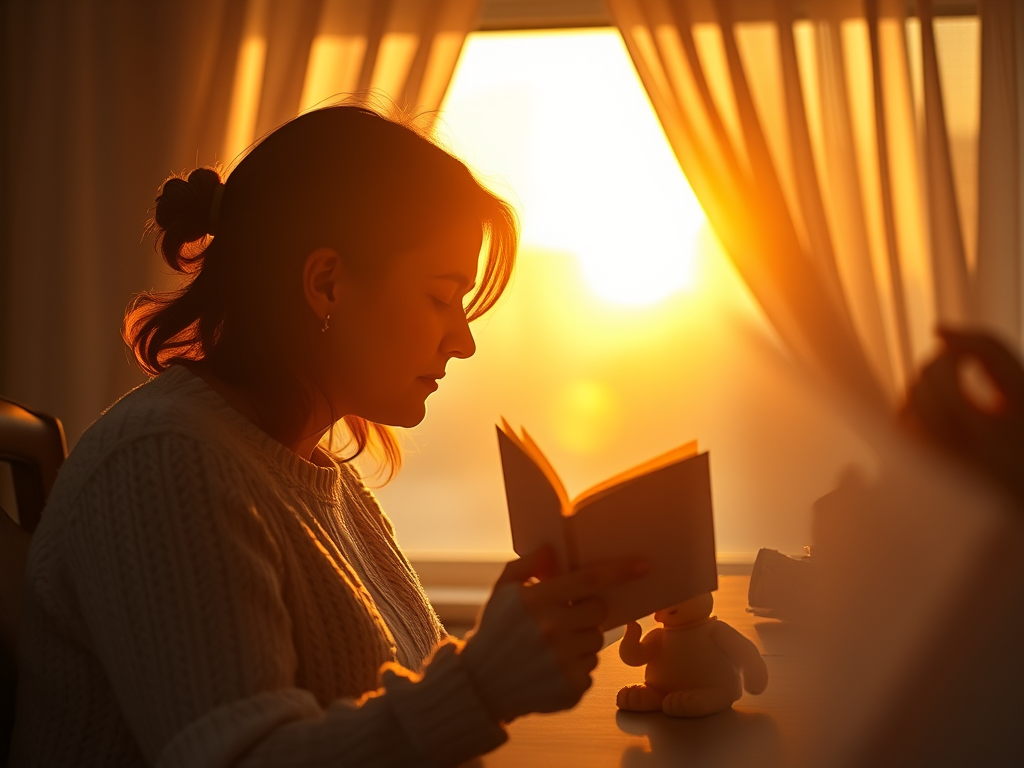 Mulher lendo um livro à luz do sol poente, com cortinas ao fundo.