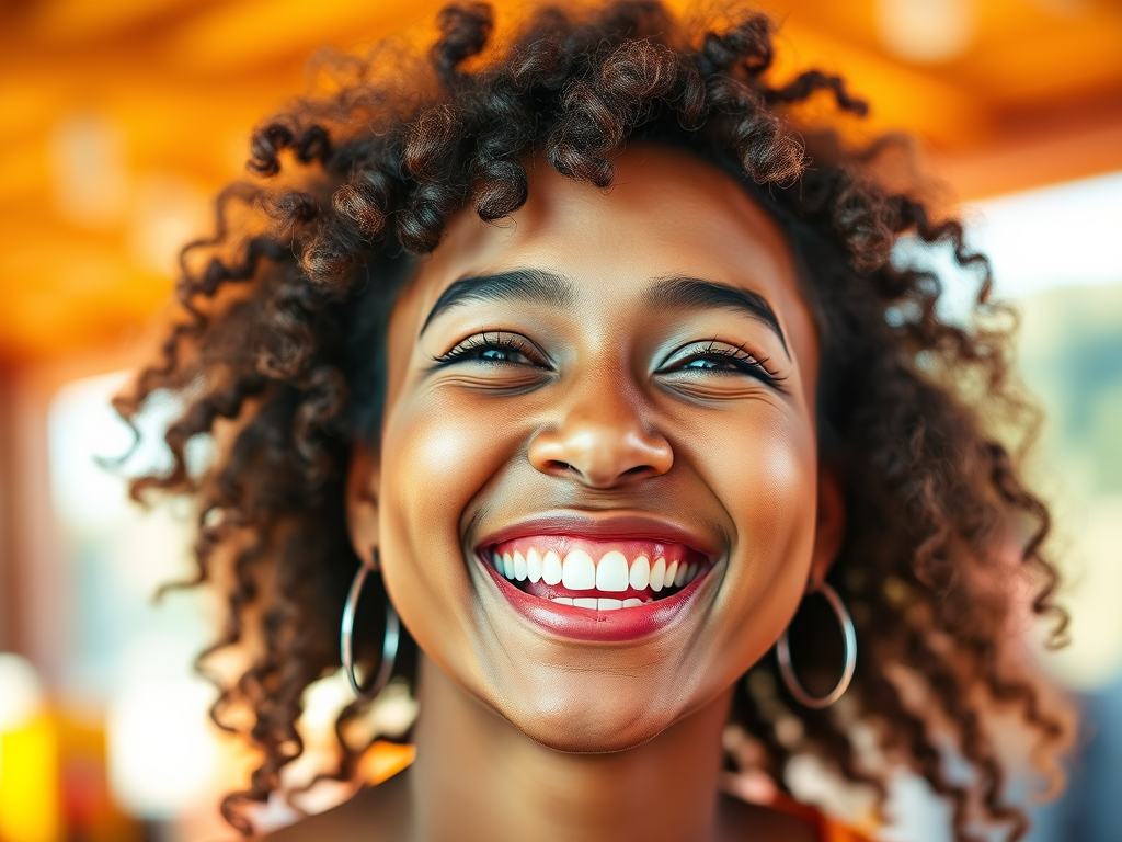 Mulher sorridente com cabelos cacheados, em fundo com luz suave, transmitindo alegria.