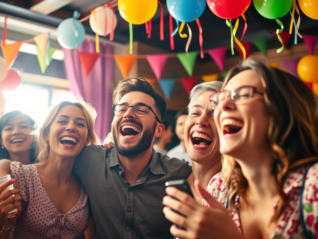Grupo de amigos se divertindo em uma festa, sorrindo e rindo juntos com balões coloridos e bandeirinhas ao fundo.