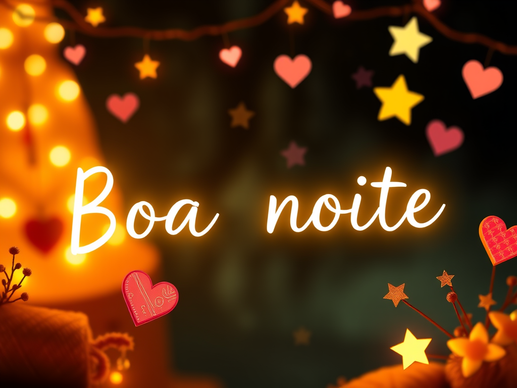 Imagem com a frase 'Boa noite' em destaque, decorada com luzes e corações em um fundo suave.