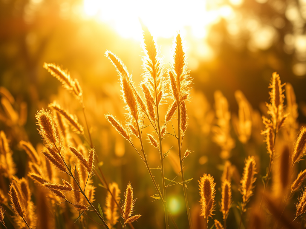 Campo com tall grasses iluminadas pelo sol durante o pôr do sol, criando uma atmosfera quente e acolhedora.