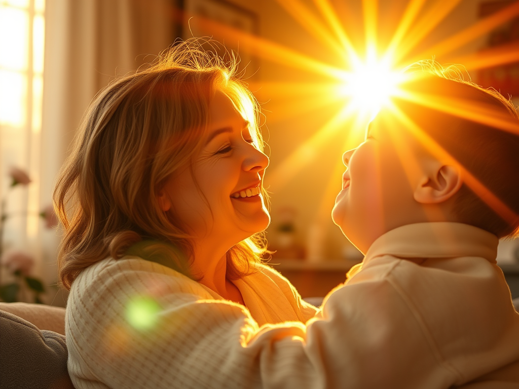 Mãe e filho sorrindo um para o outro em um ambiente iluminado pelo sol da manhã, transmitindo amor e conexão afetiva.