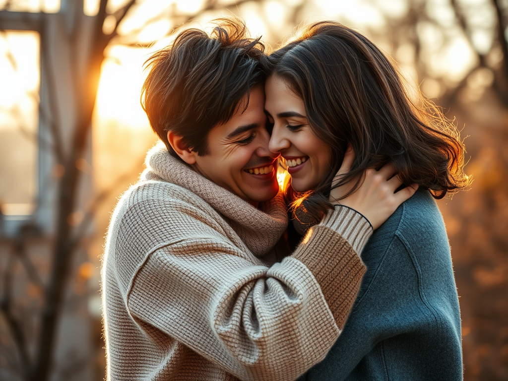 Um casal sorridente se abraçando ao pôr do sol, transmitindo amor e carinho em um cenário acolhedor.