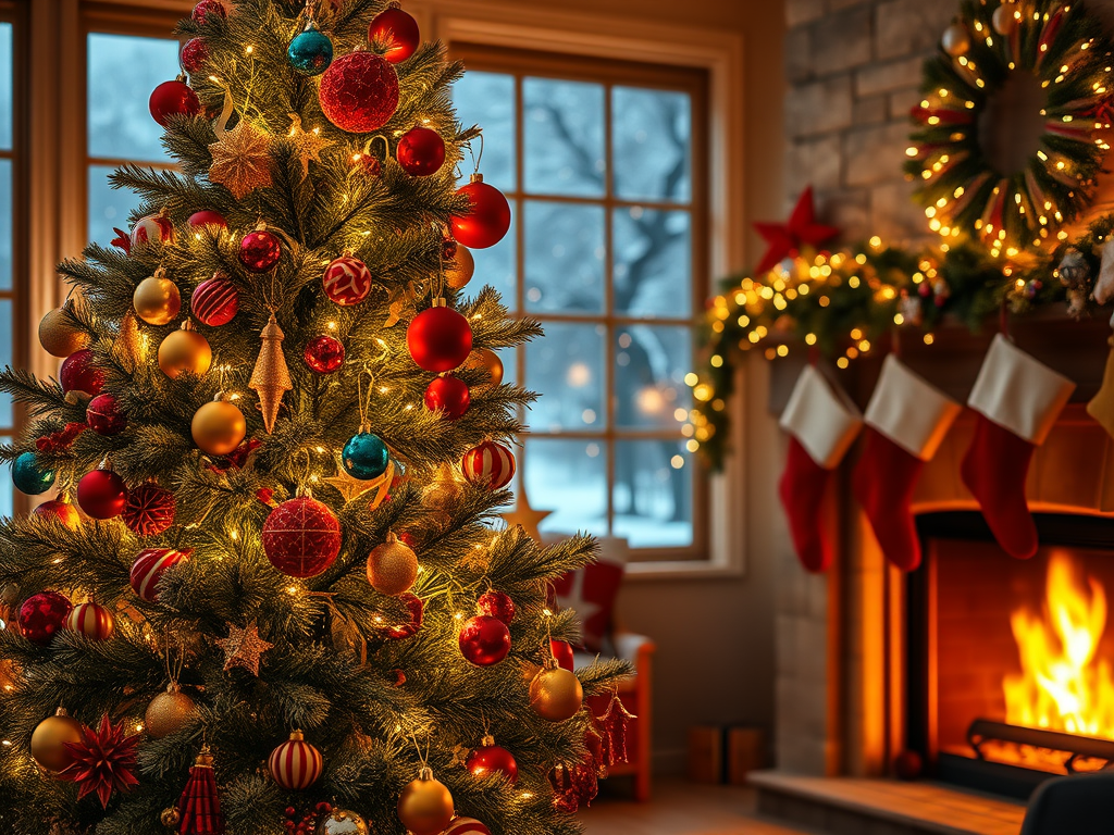Christmas tree decorated with colorful ornaments, bright lights, and a lit fireplace in the background, creating a warm and festive atmosphere.