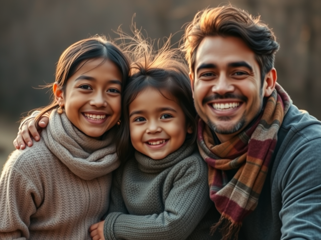 Um pai sorridente com duas crianças, uma a sua direita e outra a sua esquerda, todas usando suéteres, posando juntos ao ar livre em um ambiente natural com um fundo desfocado.