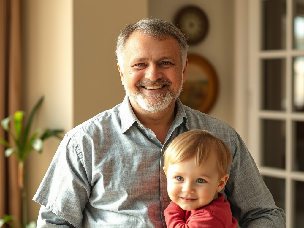 Um homem sorridente segurando uma criança pequena, ambos parecendo felizes, em um ambiente aconchegante e iluminado.