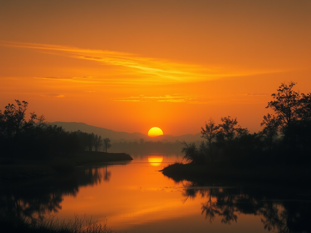 Pôr do sol refletindo em um rio tranquilo, com árvores ao redor.