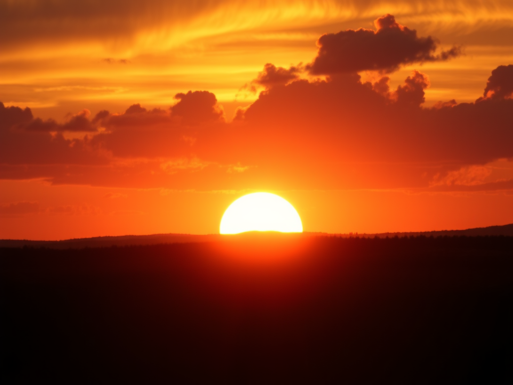 Puesta de sol vibrante con tonos naranjas y amarillos en el cielo, con nubes dispersas.