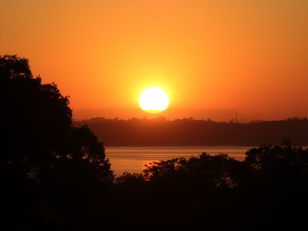 Pôr do sol vibrante refletindo na água, com silhuetas de árvores em primeiro plano.