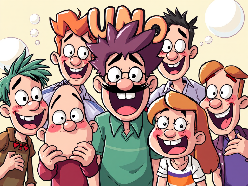 Grupo de personagens animados sorrindo e se divertindo, com a palavra 'Humor' destacada ao fundo.