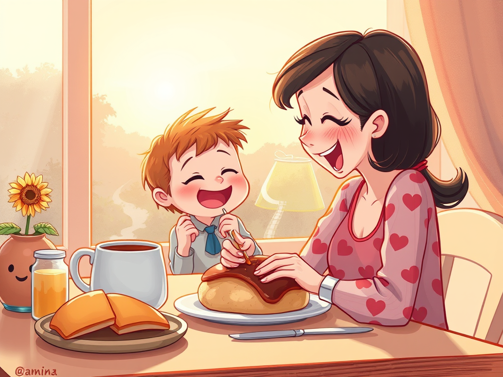 Ilustração de uma mãe e seu filho se divertindo durante o café da manhã, sorrindo um para o outro. A mesa está posta com uma bebida quente, pães e uma jarra de suco, enquanto a luz do sol entra pela janela.