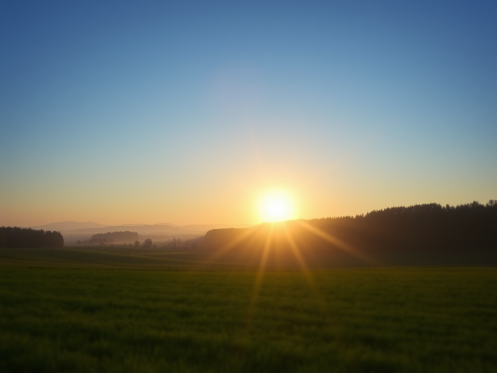 Vista do amanhecer sobre um campo verde, com o sol surgindo no horizonte e céu azul, transmitindo uma sensação de paz e tranquilidade.