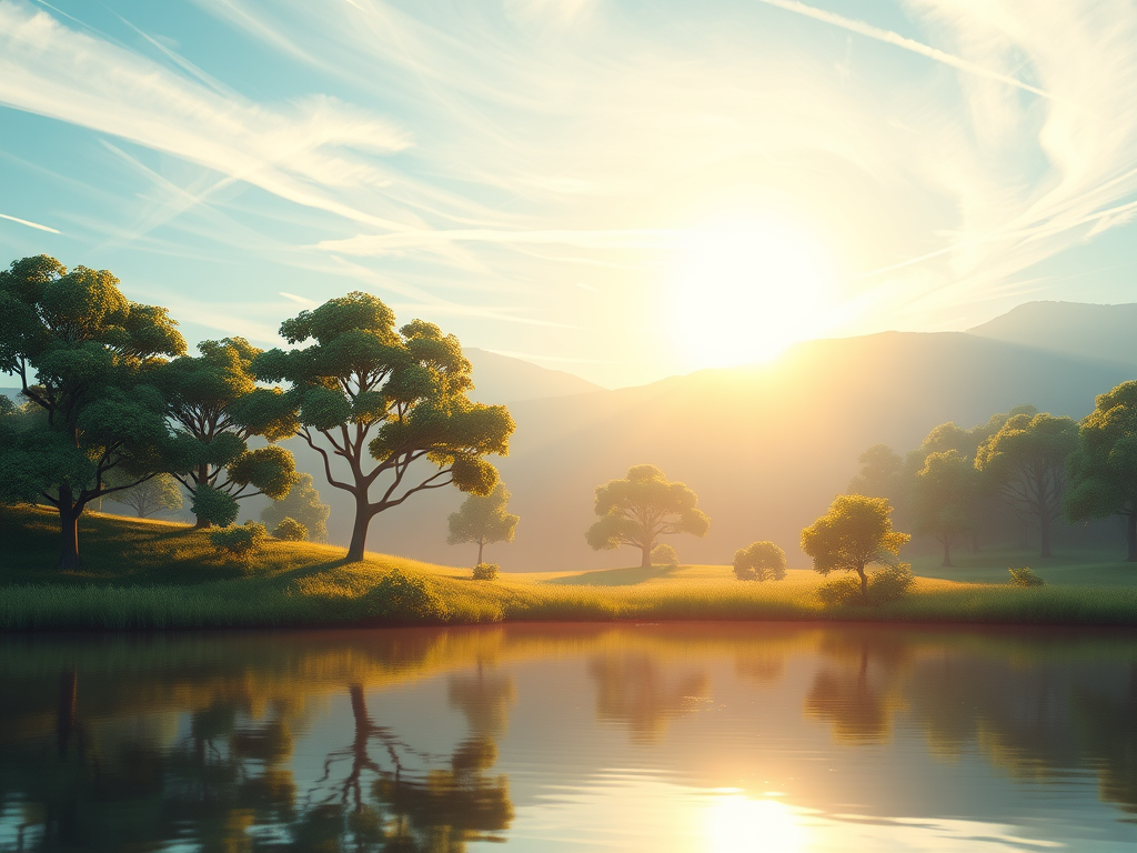Pôr do sol refletindo em um lago rodeado por árvores verdes em uma paisagem serena.