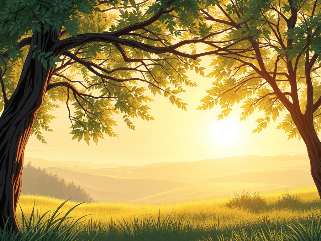 Cenário sereno de amanhecer com árvores dos dois lados e um céu radiante iluminando uma paisagem de montanhas e campos verdes.
