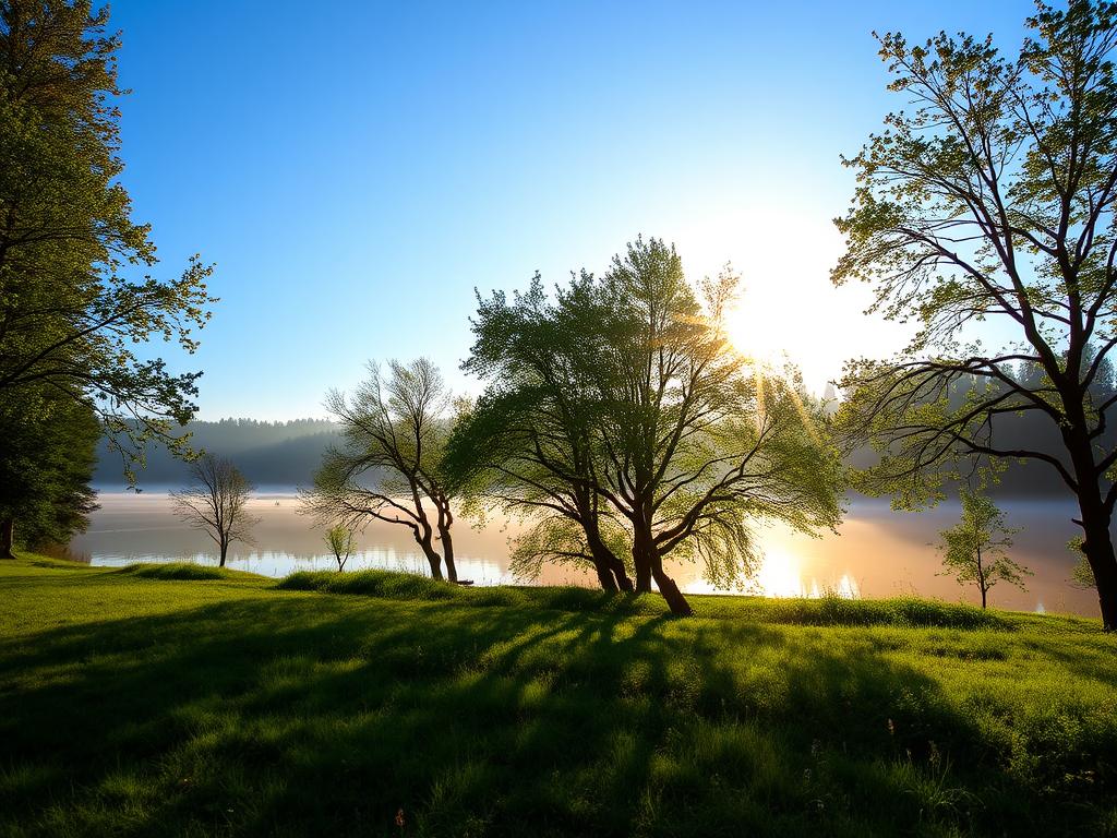 Paisagem serena ao amanhecer com árvores e reflexo na água, transmitindo tranquilidade e paz.