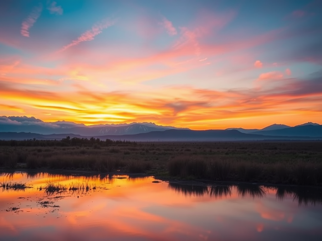 Pôr do sol vibrante sobre um lago tranquilo, refletindo tons de laranja, rosa e azul no céu, com montanhas ao fundo.