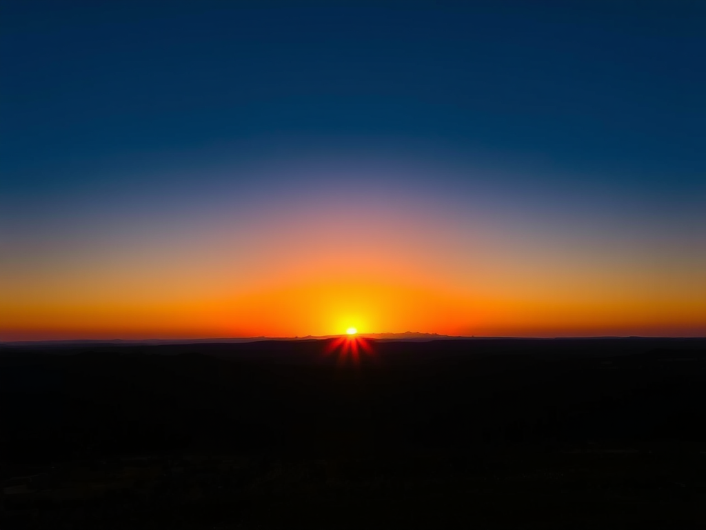 nascer do sol com gradientes de azul e laranja, refletindo tons quentes no horizonte.