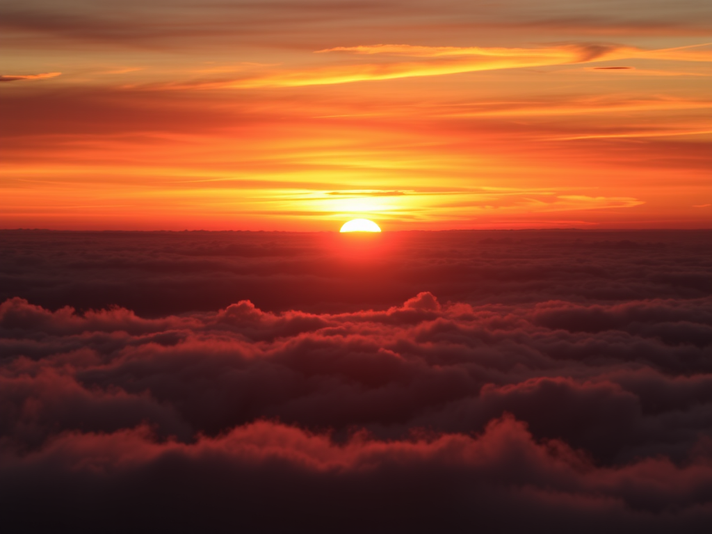 Pôr do sol sobre nuvens, com tons de laranja e dourado iluminando o céu, criando uma atmosfera serena e inspiradora.