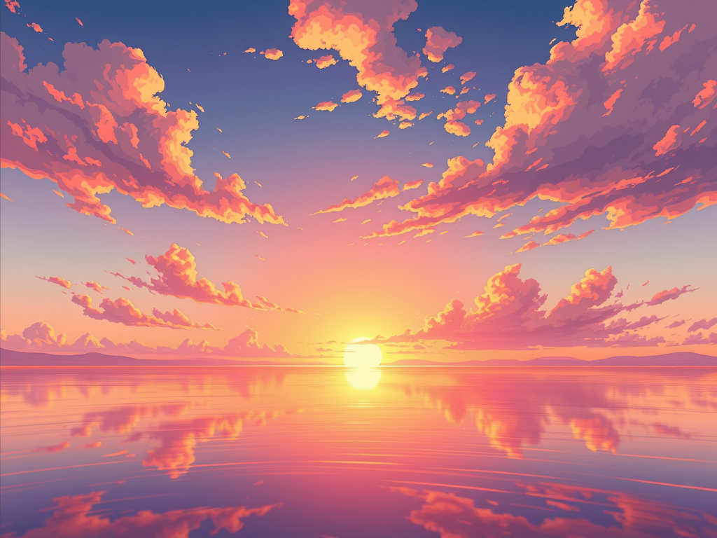 Nascer do sol refletindo sobre águas calmas, com nuvens coloridas no céu, evocando tranquilidade e espiritualidade.