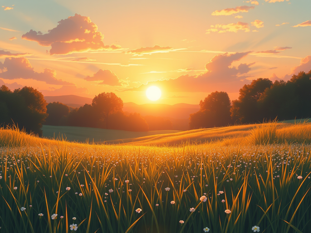 Nascer do sol sobre um campo aberto com flores, simbolizando esperança e novos começos.