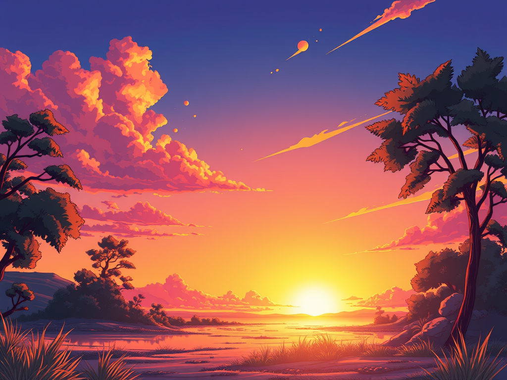 Pôr do sol vibrante sobre uma paisagem natural, com nuvens laranjas e rosa, refletindo a serenidade e esperança de um novo dia.