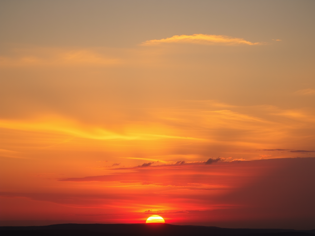 Um nascer do sol vibrante no horizonte, iluminando o céu em tons de laranja e amarelo, simbolizando um novo dia cheio de esperança.