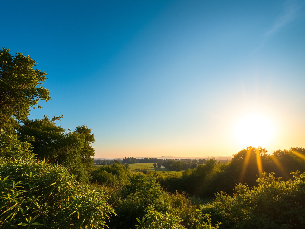 Vista serena do céu azul com a luz do sol surgindo por entre árvores verdes, simbolizando um fim de tarde pacífico.