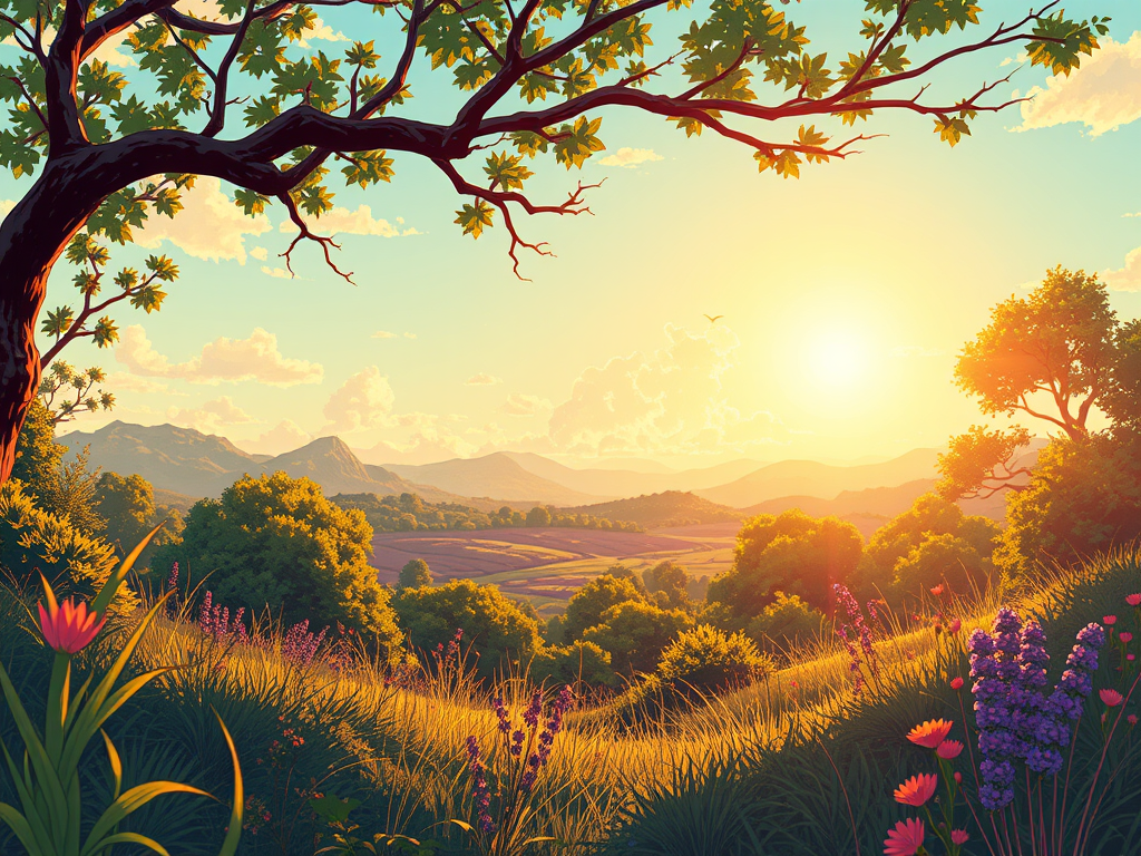 Pôr do sol sobre uma paisagem verdejante, com flores coloridas e montanhas ao fundo, transmitindo uma sensação de paz e tranquilidade.