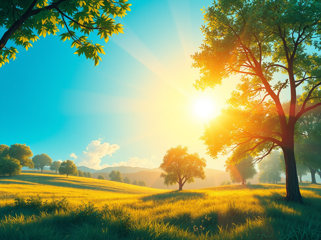 Paisagem serena de campo ao entardecer, com árvores e luz do sol brilhando sobre um campo verdejante.