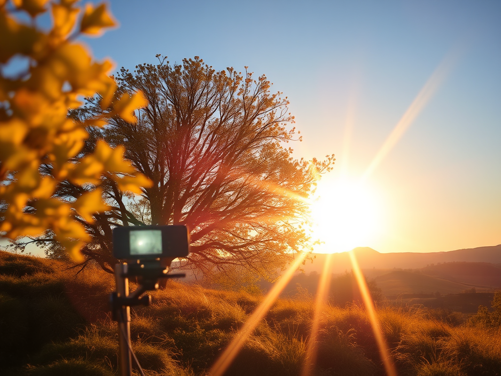 Cenário sereno de um pôr do sol atrás de uma árvore, com um dispositivo de gravação em primeiro plano.