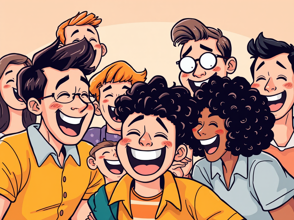 Grupo de pessoas sorrindo e rindo, demonstrando alegria e amizade.