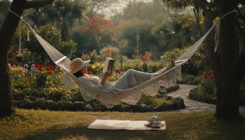 Pessoa lendo um livro confortavelmente em uma rede com vista para um jardim verde, representando paz no domingo.