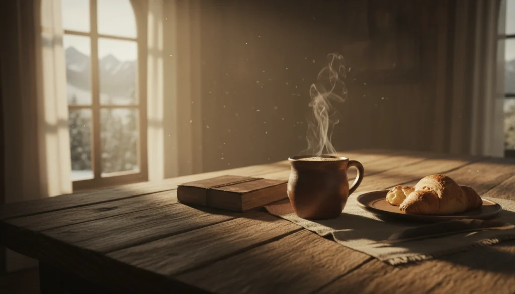 Xícara de café fumegante em uma mesa de madeira rústica com luz suave da manhã, simbolizando um bom dia inspirador para domingo.
