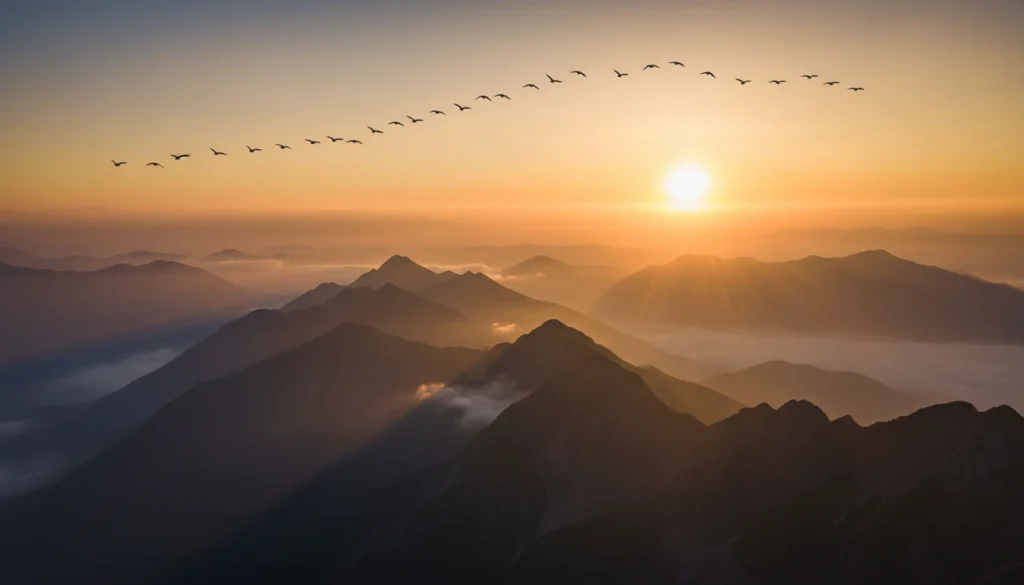 Paisagem de nascer do sol dourado sobre montanhas com pássaros voando, evocando um bom dia inspirador para domingo.